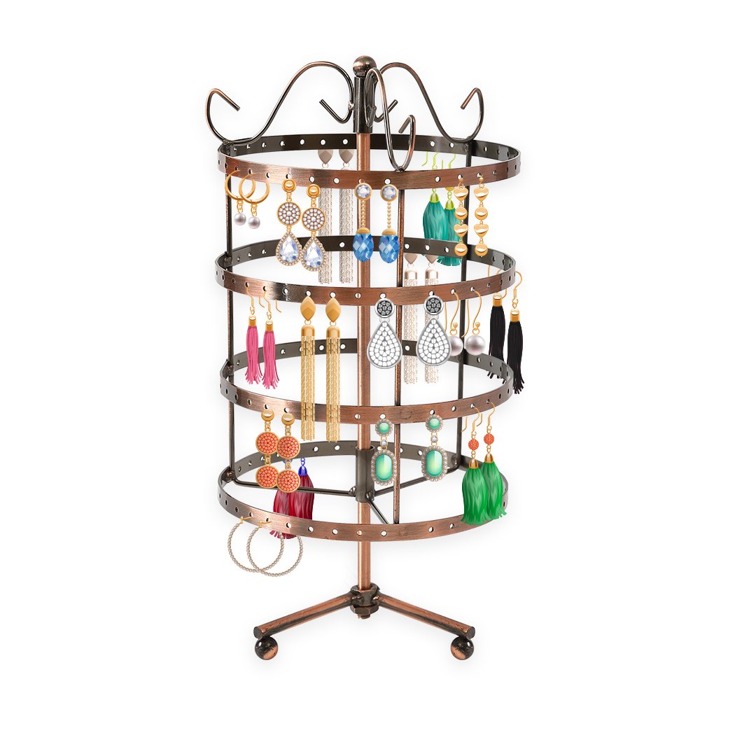 Antique-style earring holder stand with 4 tiers, capable of holding 72 pairs of earrings, featuring a bronze finish and 360° rotation.