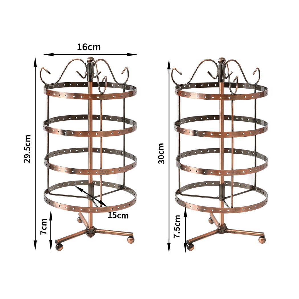 Antique-style earring holder stand with 4 tiers, capable of holding 72 pairs of earrings, featuring a bronze finish and 360° rotation.