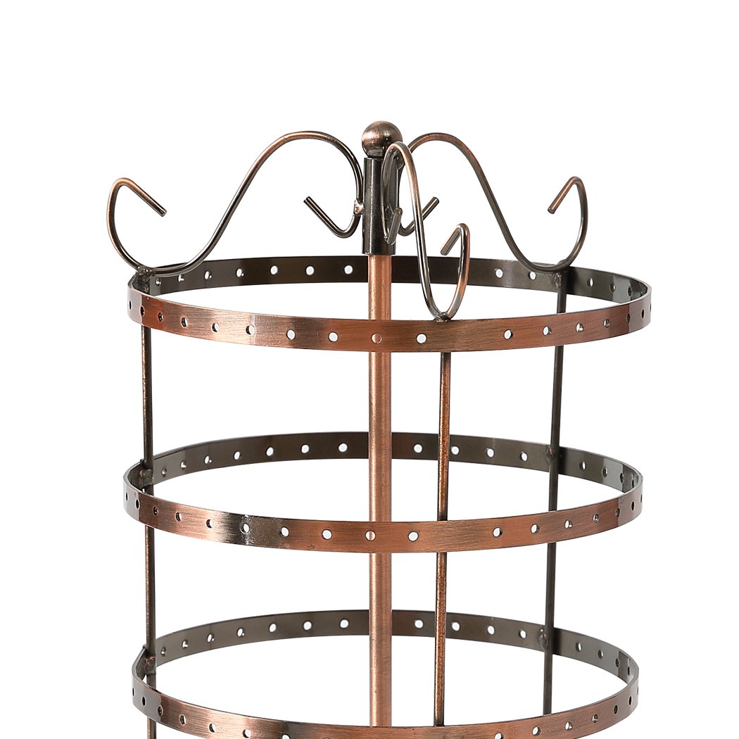 Antique-style earring holder stand with 4 tiers, capable of holding 72 pairs of earrings, featuring a bronze finish and 360° rotation.