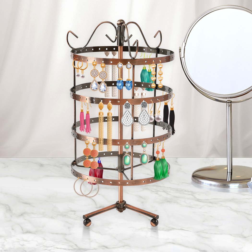 Antique-style earring holder stand with 4 tiers, capable of holding 72 pairs of earrings, featuring a bronze finish and 360° rotation.