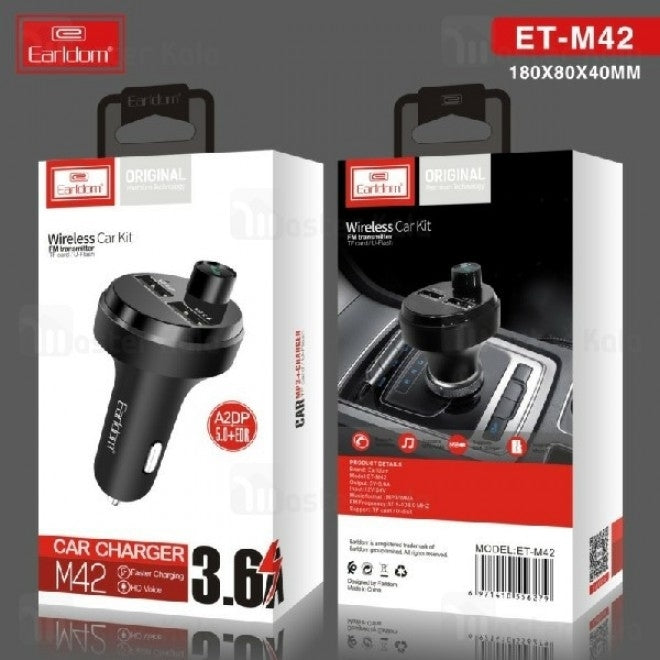 Earldom M42 Wireless Car Kit FM Transmitter with Bluetooth and LCD display, designed for easy music streaming in vehicles.