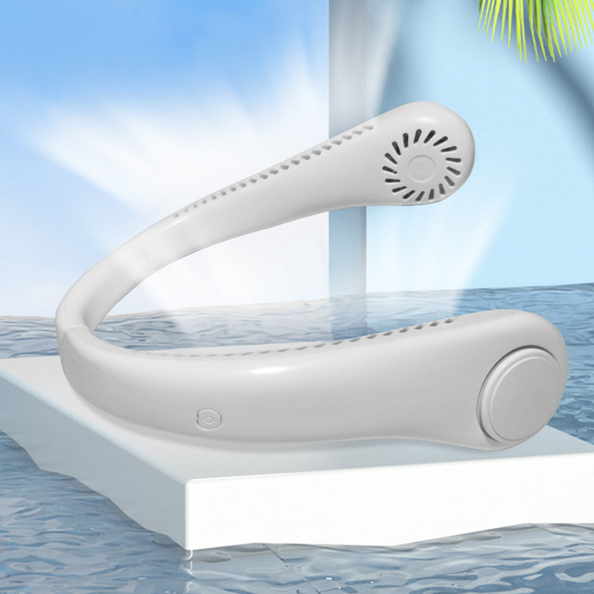 A stylish Easy Breezy Hands-Free Neck Fan worn around the neck, showcasing its sleek design and portable features.