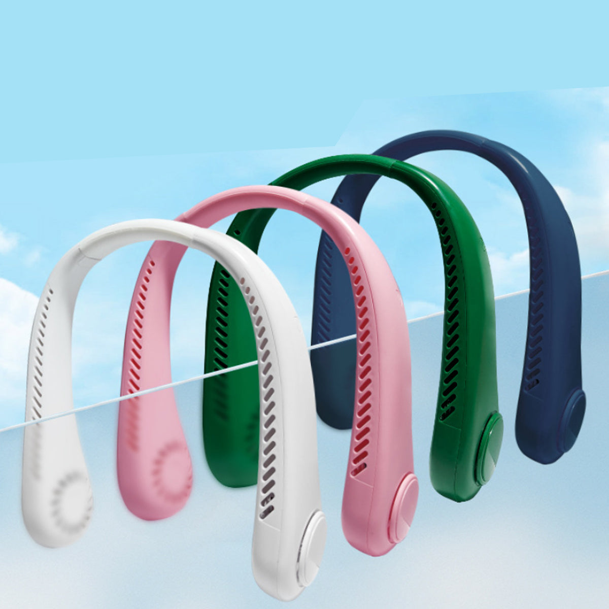 A stylish Easy Breezy Hands-Free Neck Fan worn around the neck, showcasing its sleek design and portable features.