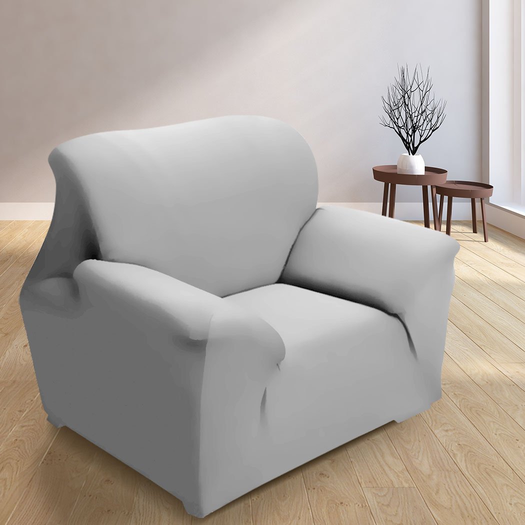 Grey Easy Fit Stretch Couch Sofa Slipcover for 1 Seater, showcasing its stretchable fabric and modern design.