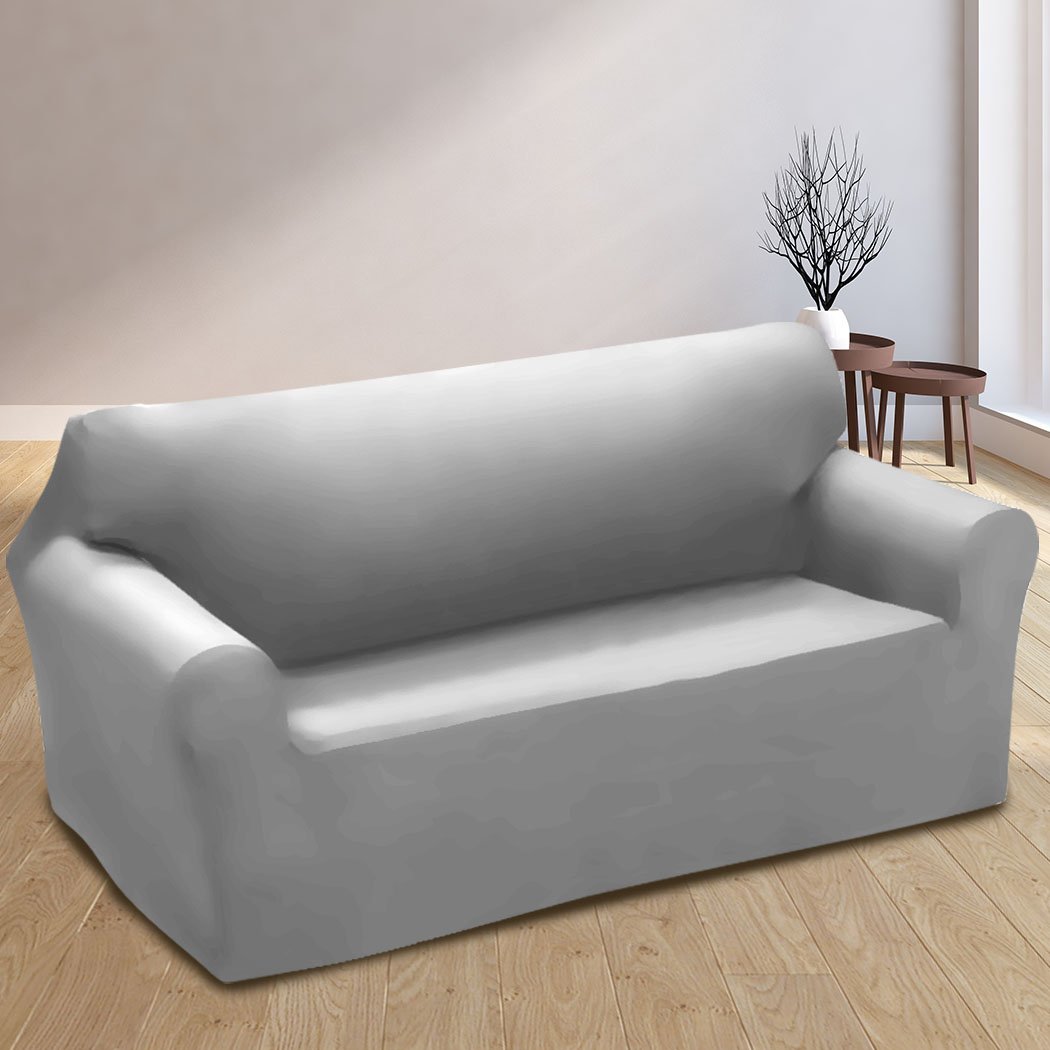 Grey Easy Fit Stretch Couch Sofa Slipcover for 2 Seater, showcasing its snug fit and soft texture.