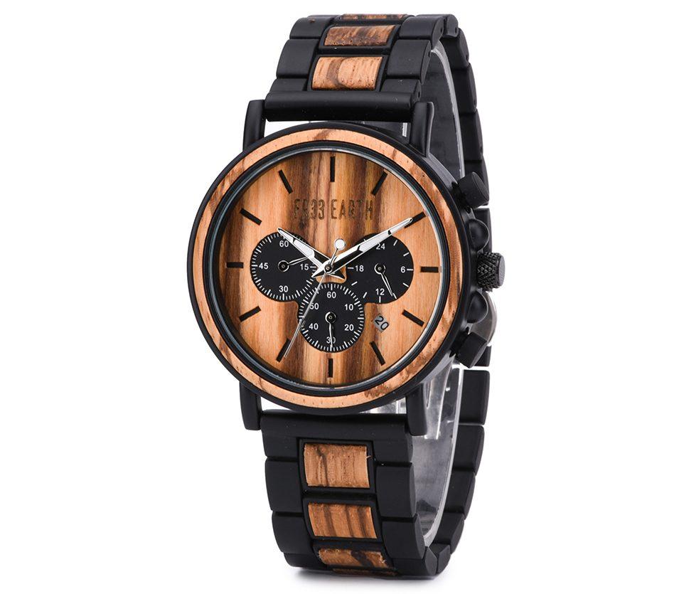 Edge Watch featuring a stylish wooden design with black steel accents, showcasing its unique craftsmanship and chronograph features.