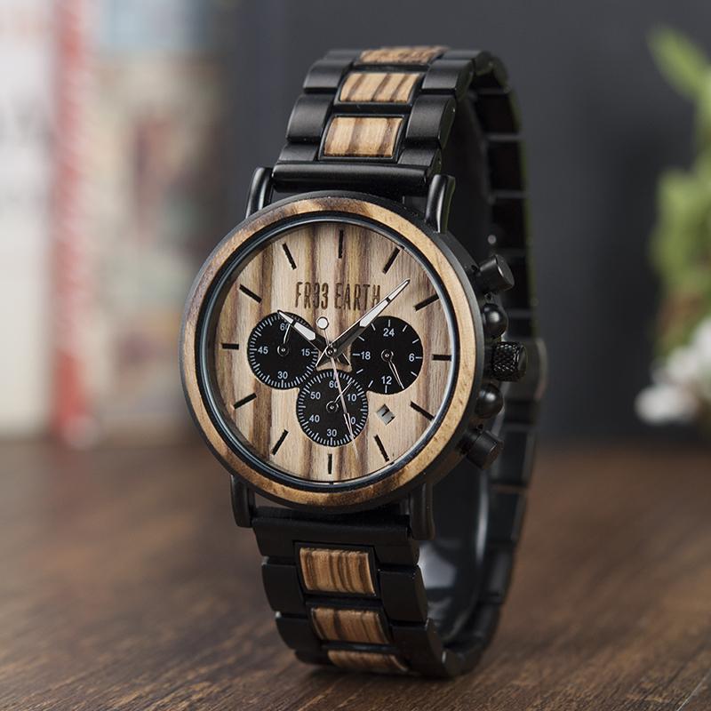 Edge Watch featuring a stylish wooden design with black steel accents, showcasing its unique craftsmanship and chronograph features.