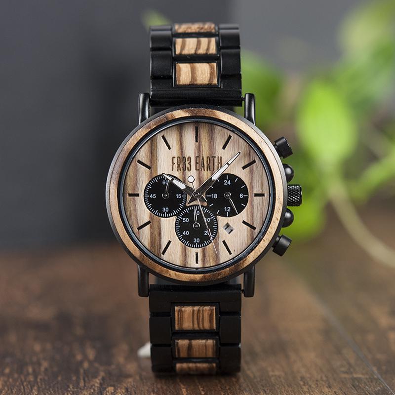 Edge Watch featuring a stylish wooden design with black steel accents, showcasing its unique craftsmanship and chronograph features.