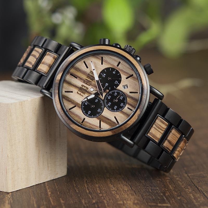 Edge Watch featuring a stylish wooden design with black steel accents, showcasing its unique craftsmanship and chronograph features.