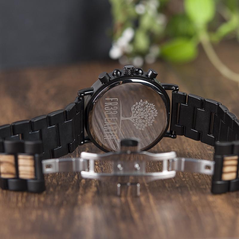 Edge Watch featuring a stylish wooden design with black steel accents, showcasing its unique craftsmanship and chronograph features.