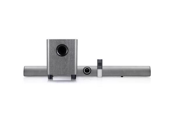 Edifier B8 CineSound Soundbar Speaker System with Wireless Subwoofer in sleek silver design, showcasing its modern aesthetic and connectivity options.