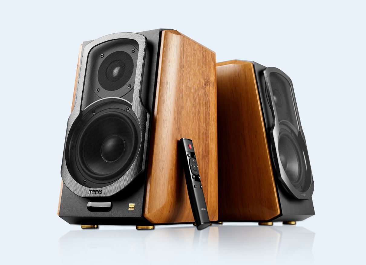 Edifier S1000MKIII 2.0 Active Lifestyle Bookshelf Bluetooth Studio Speakers in brown finish, showcasing their elegant design and compact size.