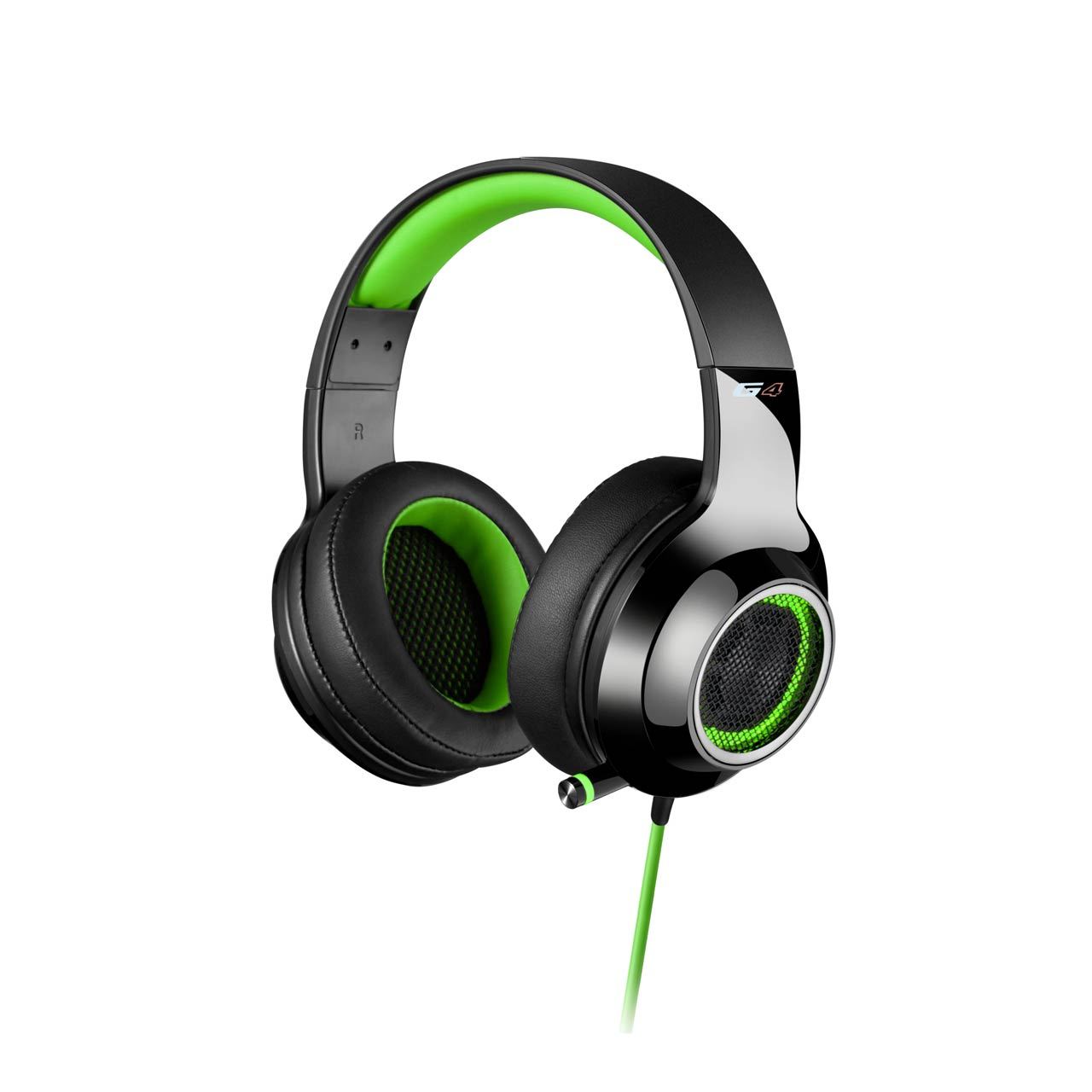 EDIFIER V4 (G4) 7.1 Virtual Surround Sound USB Gaming Headset in Green with LED lights and retractable microphone.