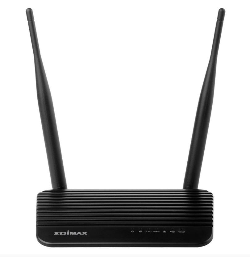 EDIMAX 5-in-1 N300 Wi-Fi Router with high-gain antenna, showcasing its sleek design and multiple function modes.