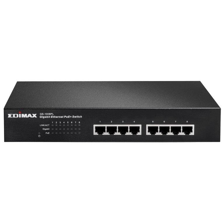 EDIMAX 8 Port Gigabit POE Switch with 8 Ethernet ports and compact design, ideal for home and small business networks.