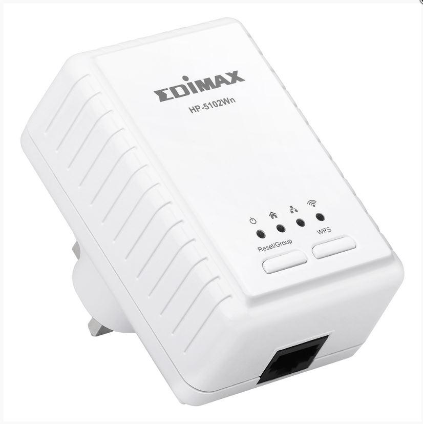 EDIMAX AV500 PowerLine Wi-Fi Extender with electrical plug and LED indicators, designed for high-speed internet connectivity.