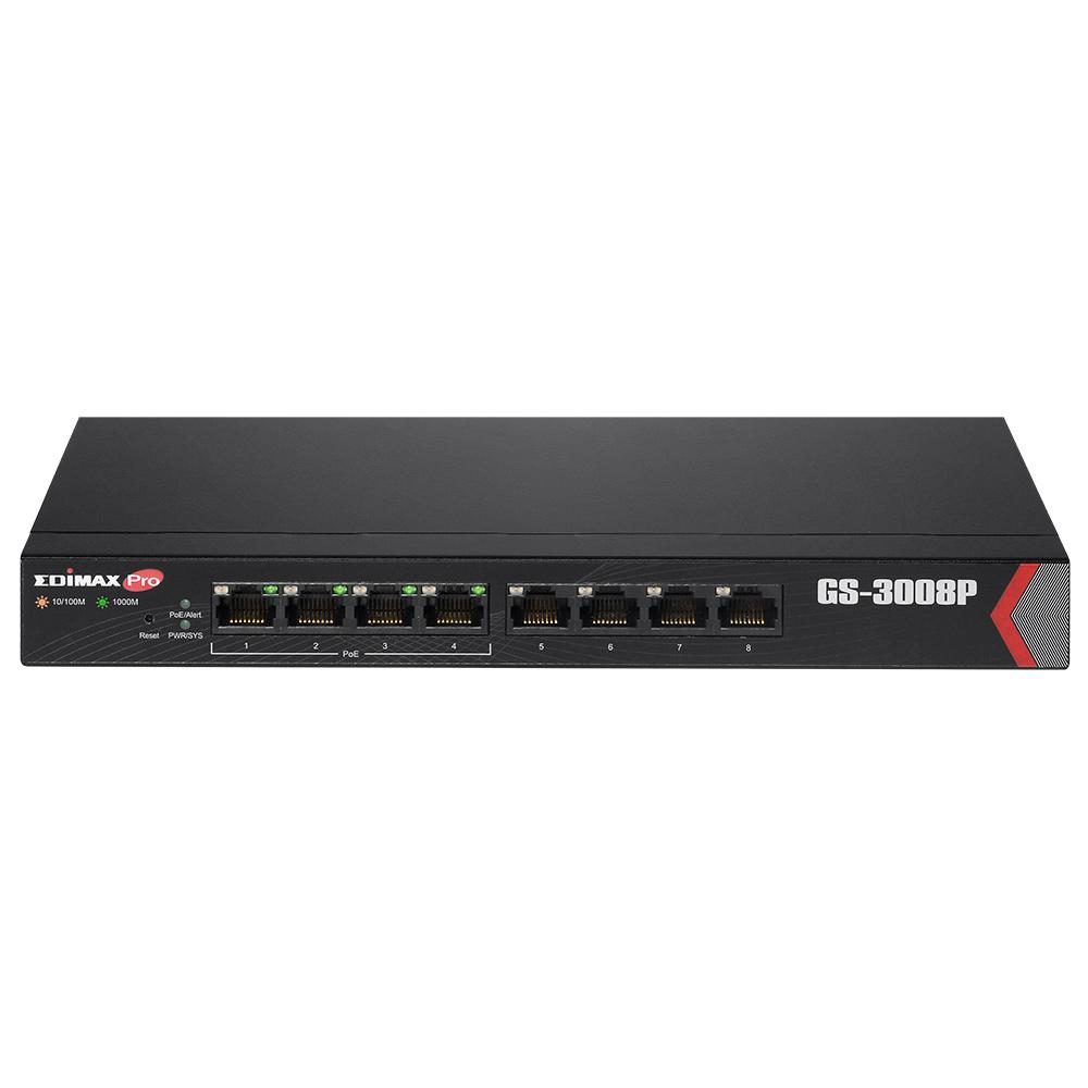 EDIMAX Pro GS-3008P Long Range 8-Port Gigabit Web Managed Switch with 4 PoE+ ports, showcasing its compact design and multiple Ethernet ports.