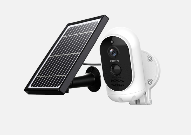 EKEN AStro 1080p Battery Camera with Solar Panel, showcasing its sleek design and weatherproof features.