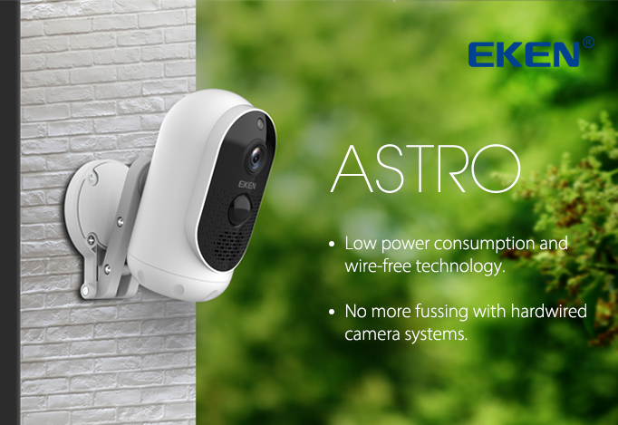 EKEN AStro 1080p Battery Camera with Solar Panel, showcasing its sleek design and weatherproof features.