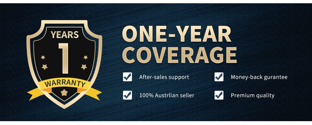 One-year warranty coverage badge.