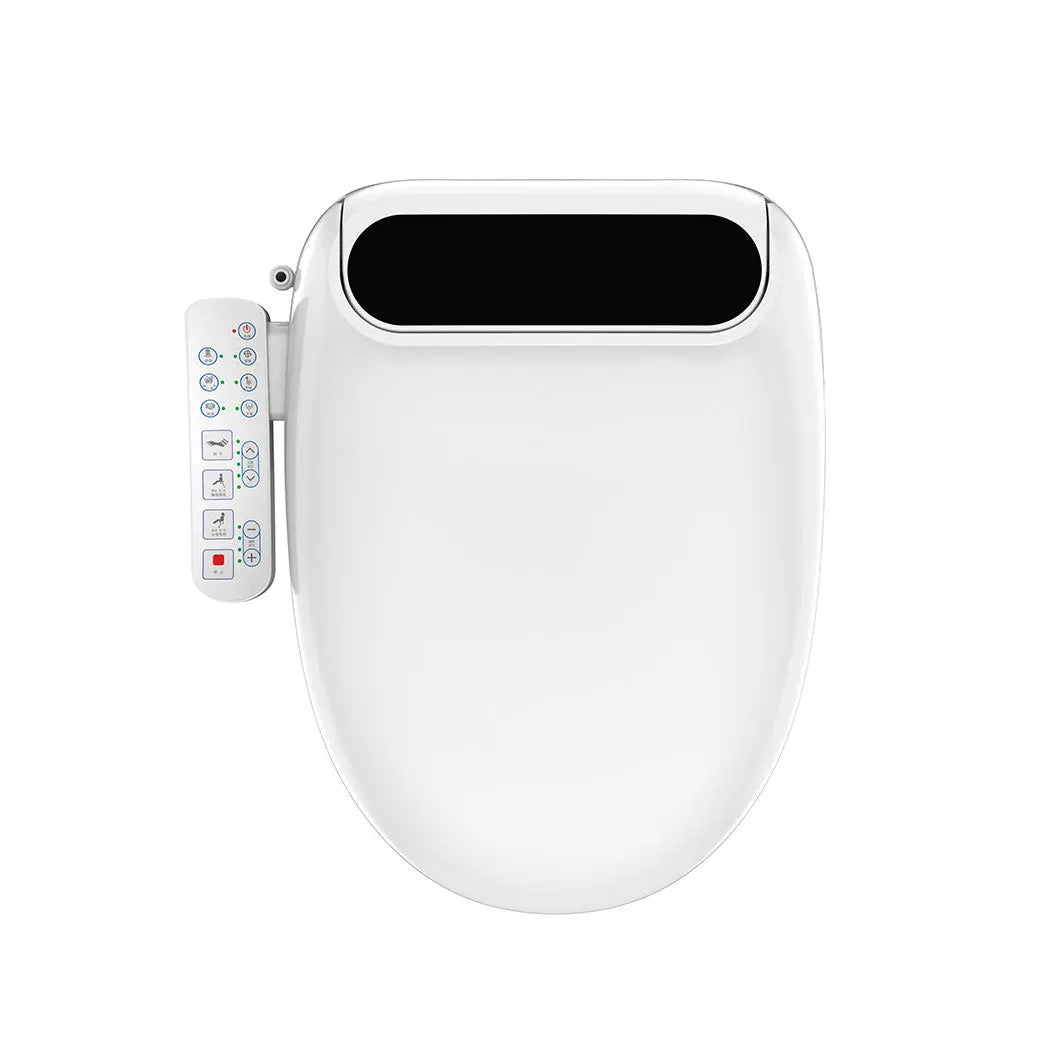 Electric Bidet Toilet Seat Cover with adjustable features and modern design, showcasing its sleek white finish and control panel.