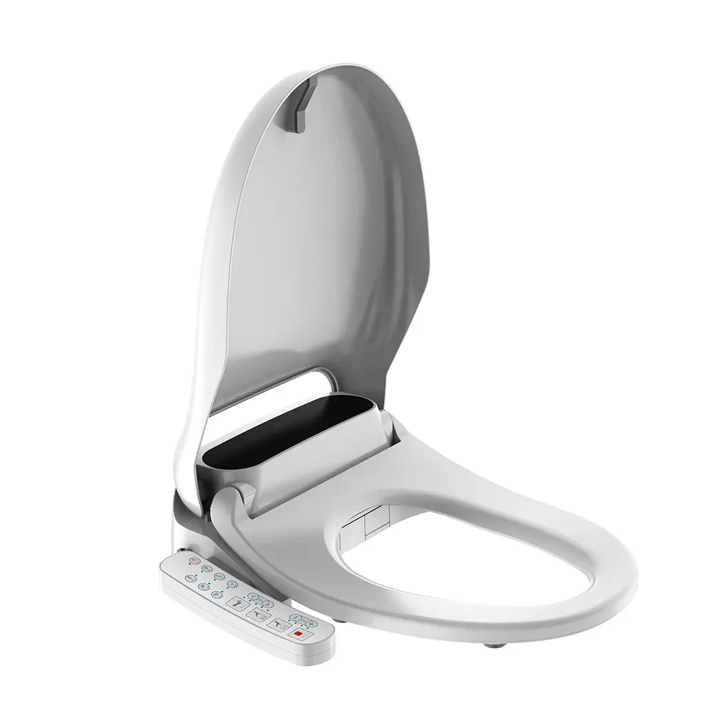 Electric Bidet Toilet Seat Cover with adjustable features and modern design, showcasing its sleek white finish and control panel.