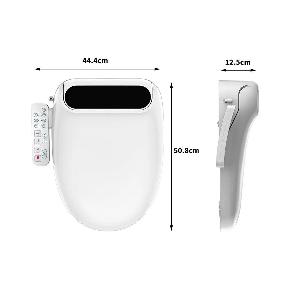 Electric Bidet Toilet Seat Cover with adjustable features and modern design, showcasing its sleek white finish and control panel.