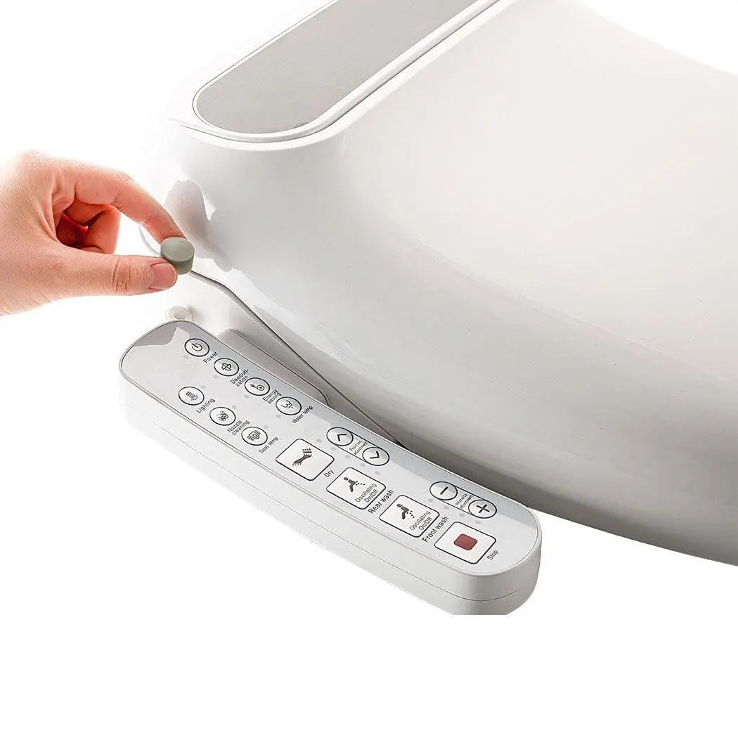 Electric Bidet Toilet Seat Cover with adjustable features and modern design, showcasing its sleek white finish and control panel.