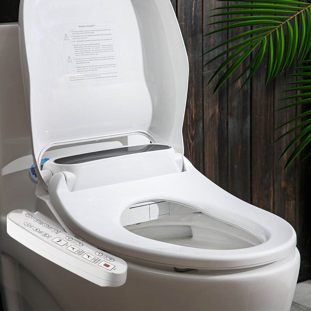 Electric Bidet Toilet Seat Cover with adjustable features and modern design, showcasing its sleek white finish and control panel.