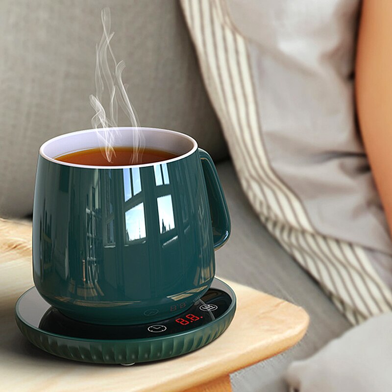 Electric Heating Coaster in green color, designed for keeping beverages warm, featuring a sleek and portable design.