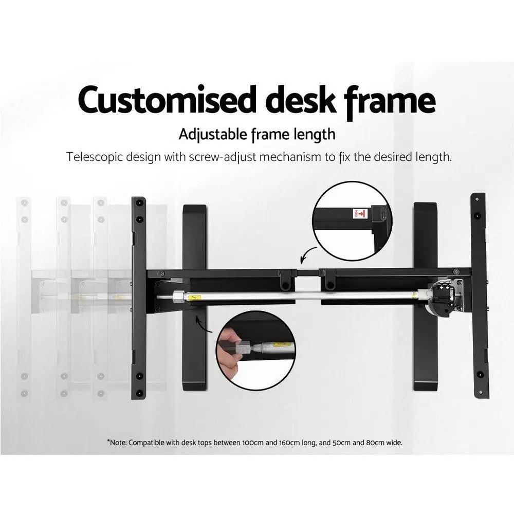 Electric Motorised Height Adjustable Standing Desk with a black frame, showcasing its sleek design and adjustable features.