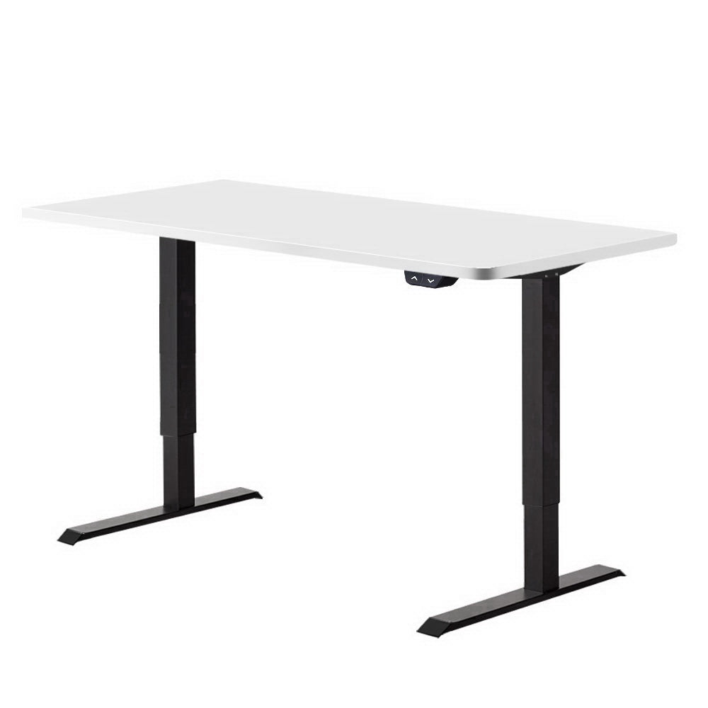 Electric Motorised Height Adjustable Standing Desk with a sleek black frame and a white desktop, showcasing its modern design and adjustable features.