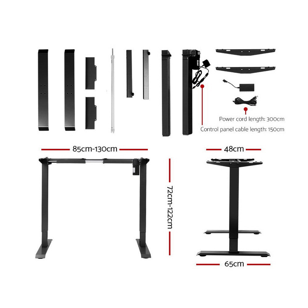 Electric Motorised Height Adjustable Standing Desk with a sleek black frame and a white desktop, showcasing its modern design and adjustable features.