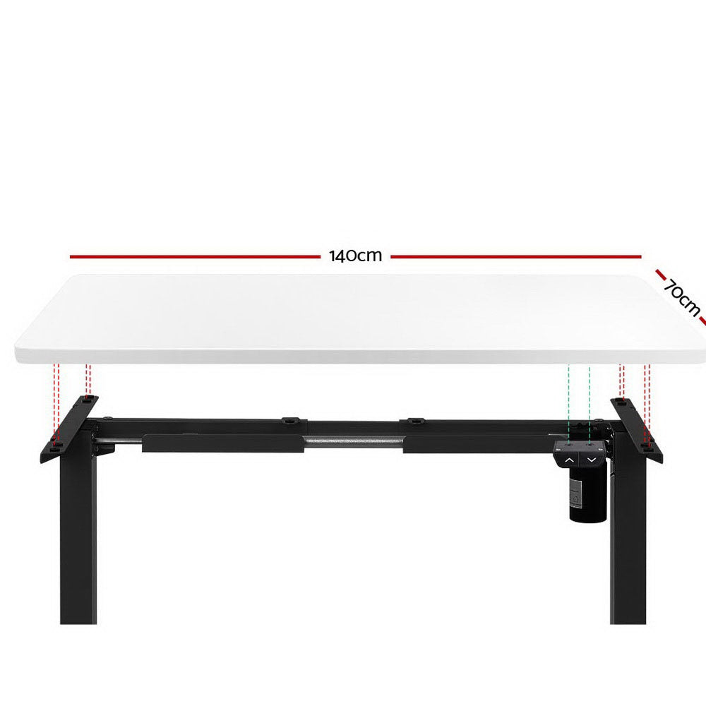 Electric Motorised Height Adjustable Standing Desk with a sleek black frame and a white desktop, showcasing its modern design and adjustable features.