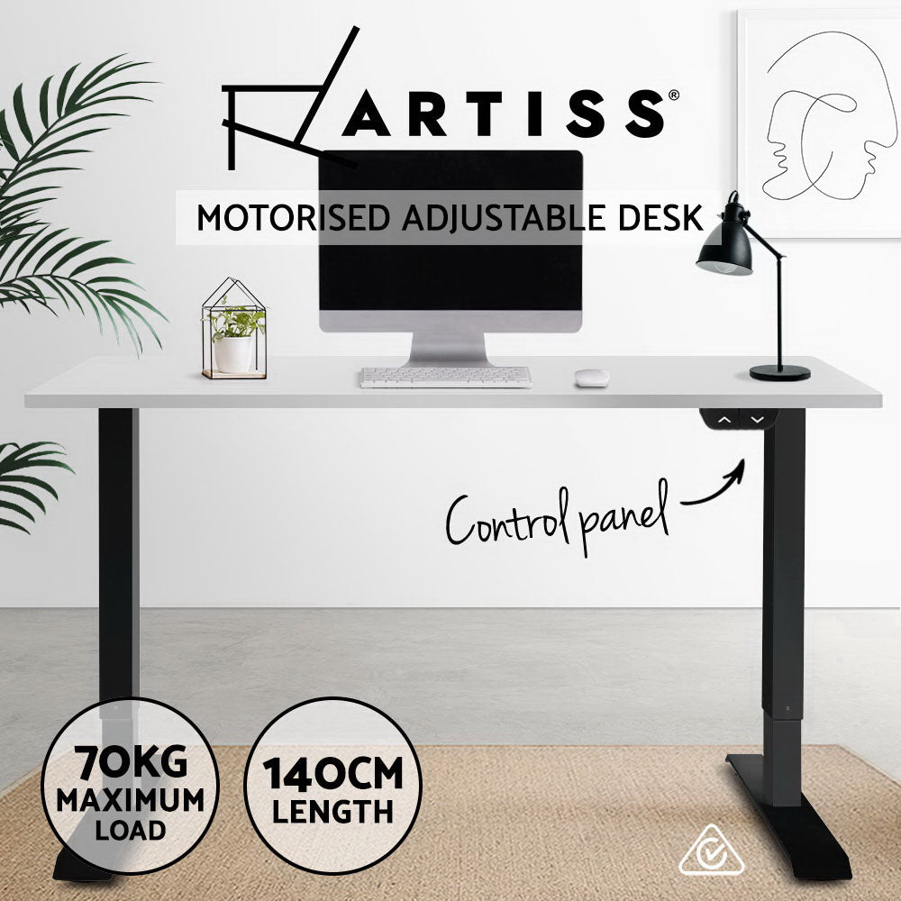 Electric Motorised Height Adjustable Standing Desk with a sleek black frame and a white desktop, showcasing its modern design and adjustable features.