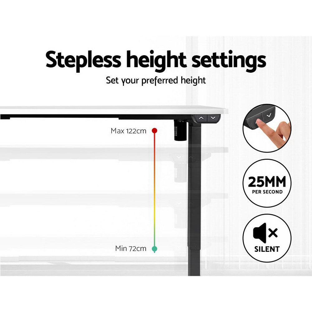 Electric Motorised Height Adjustable Standing Desk with a sleek black frame and a white desktop, showcasing its modern design and adjustable features.