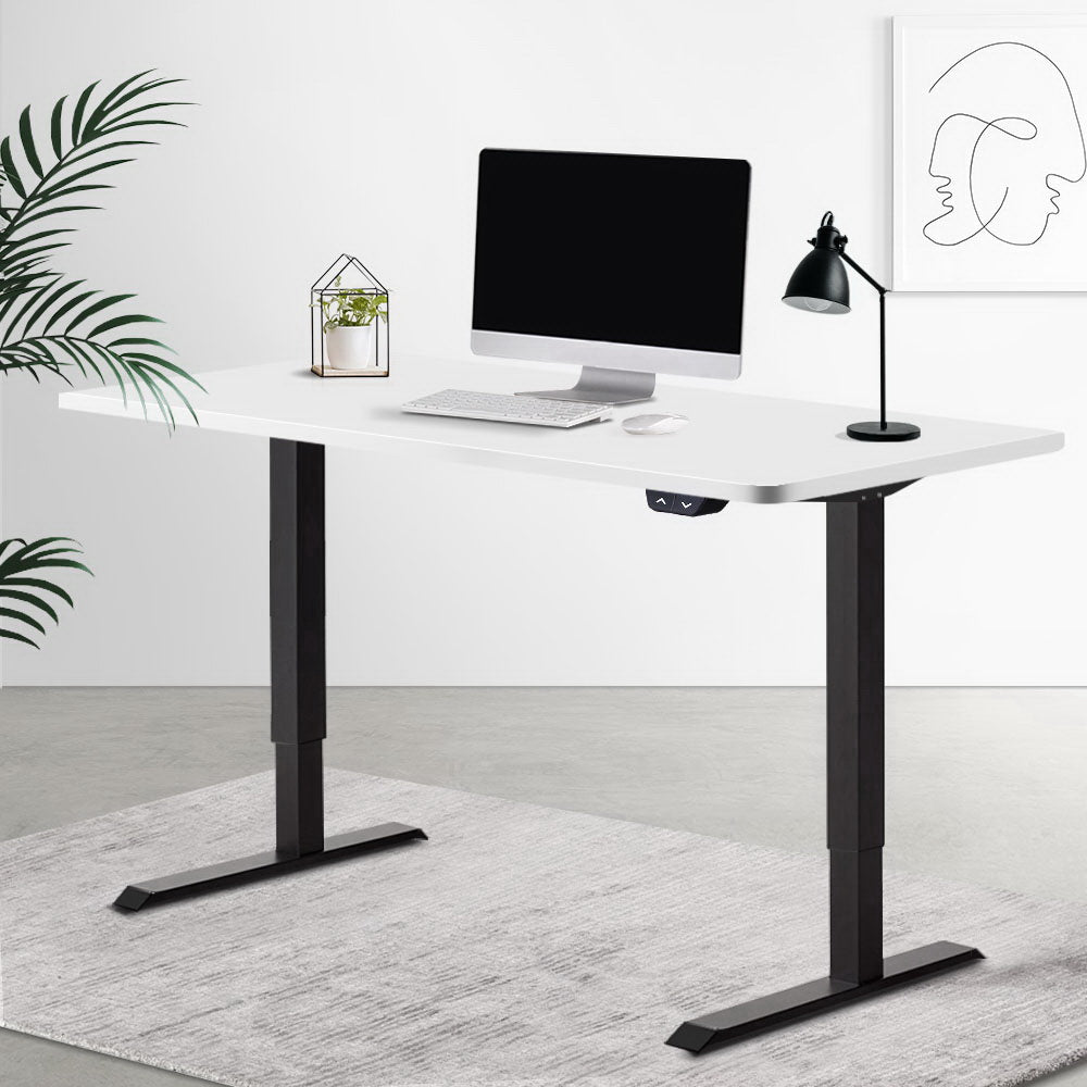 Electric Motorised Height Adjustable Standing Desk with a sleek black frame and a white desktop, showcasing its modern design and adjustable features.