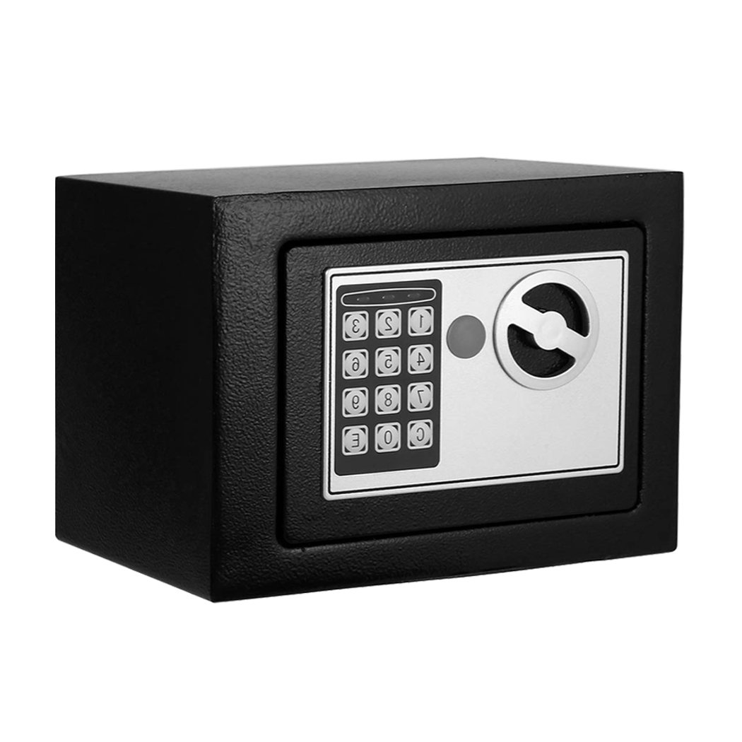 Electronic Safe Digital Security Box in black, showcasing its keypad and solid construction.