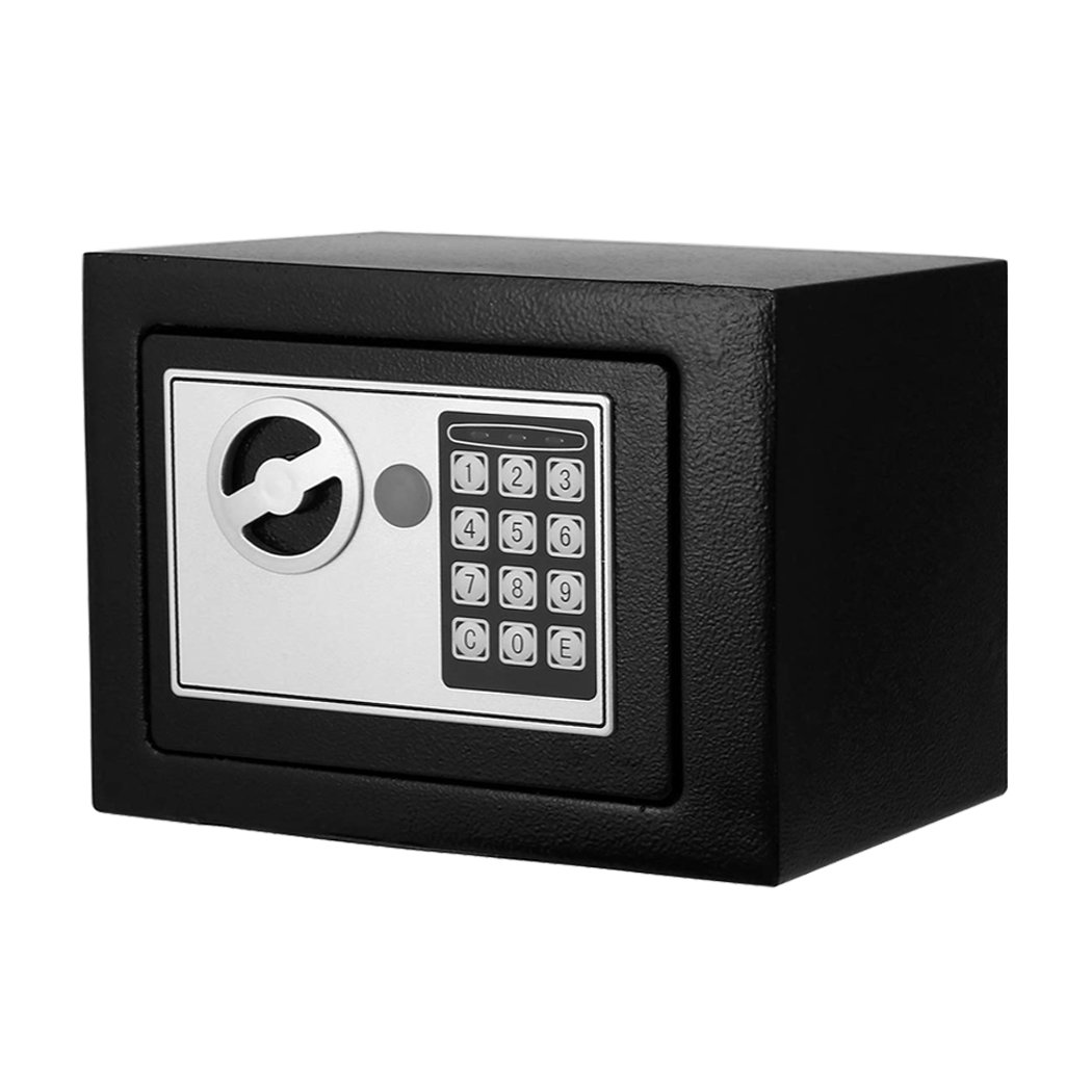 Electronic Safe Digital Security Box in black, showcasing its keypad and solid construction.