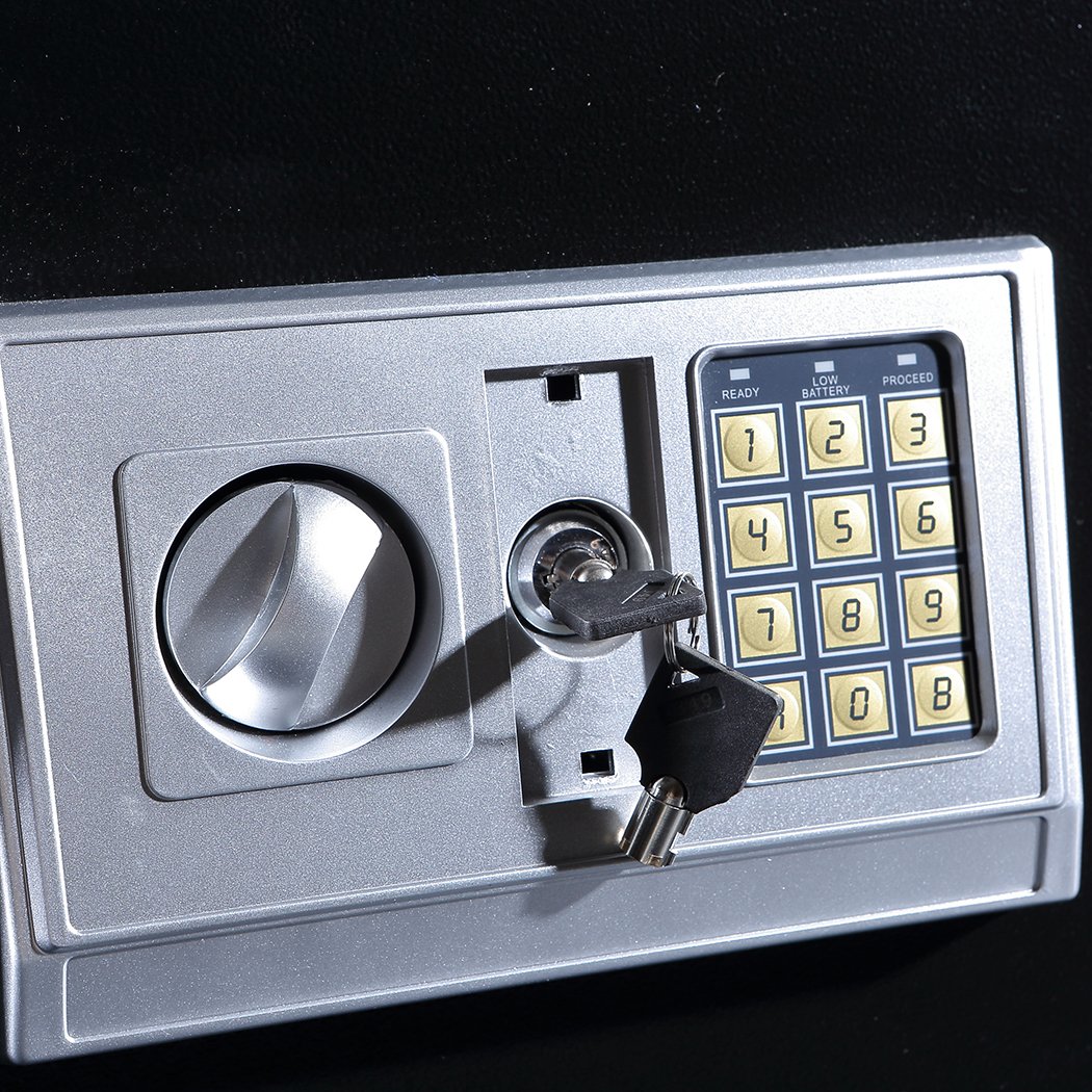 Electronic Safe Digital Security Box in black, showcasing its keypad and solid construction.