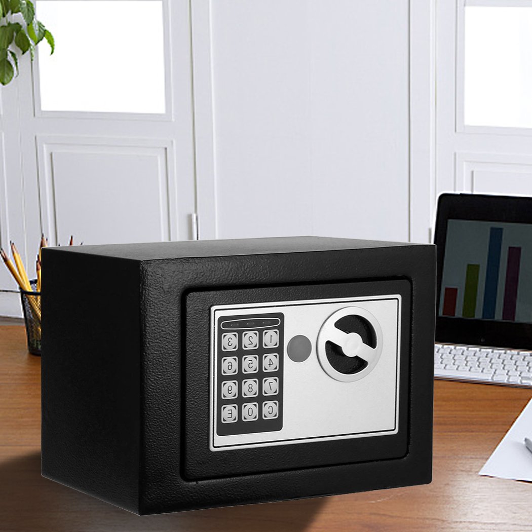 Electronic Safe Digital Security Box in black, showcasing its keypad and solid construction.