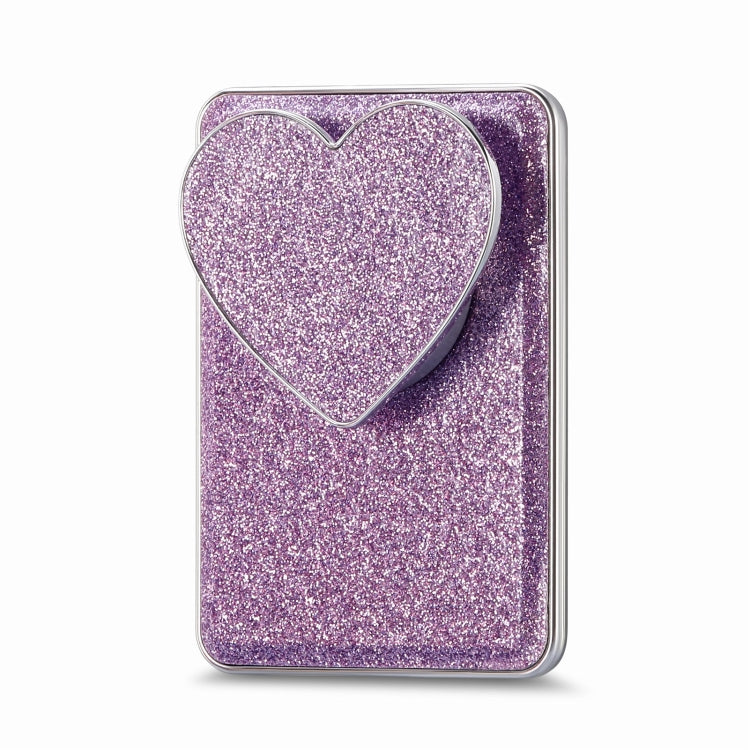 Electroplating Glitter Magsafe Airbag Heart Stand Phone Card holder in PU leather with multiple card slots and magnetic snap closure.