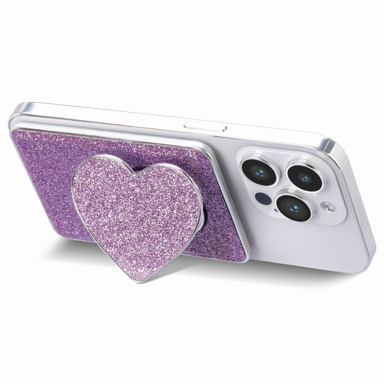 Electroplating Glitter Magsafe Airbag Heart Stand Phone Card holder in PU leather with multiple card slots and magnetic snap closure.