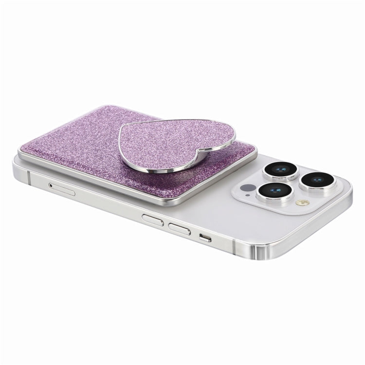 Electroplating Glitter Magsafe Airbag Heart Stand Phone Card holder in PU leather with multiple card slots and magnetic snap closure.