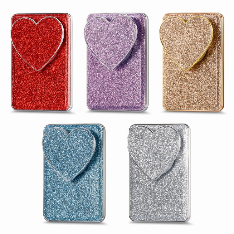 Electroplating Glitter Magsafe Airbag Heart Stand Phone Card holder in PU leather with multiple card slots and magnetic snap closure.