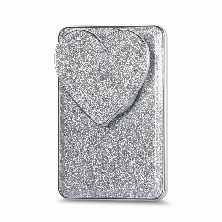 Electroplating Glitter Magsafe Airbag Heart Stand Phone Card in PU leather with multiple card slots and magnetic snap closure.