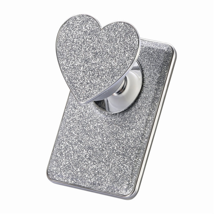 Electroplating Glitter Magsafe Airbag Heart Stand Phone Card in PU leather with multiple card slots and magnetic snap closure.