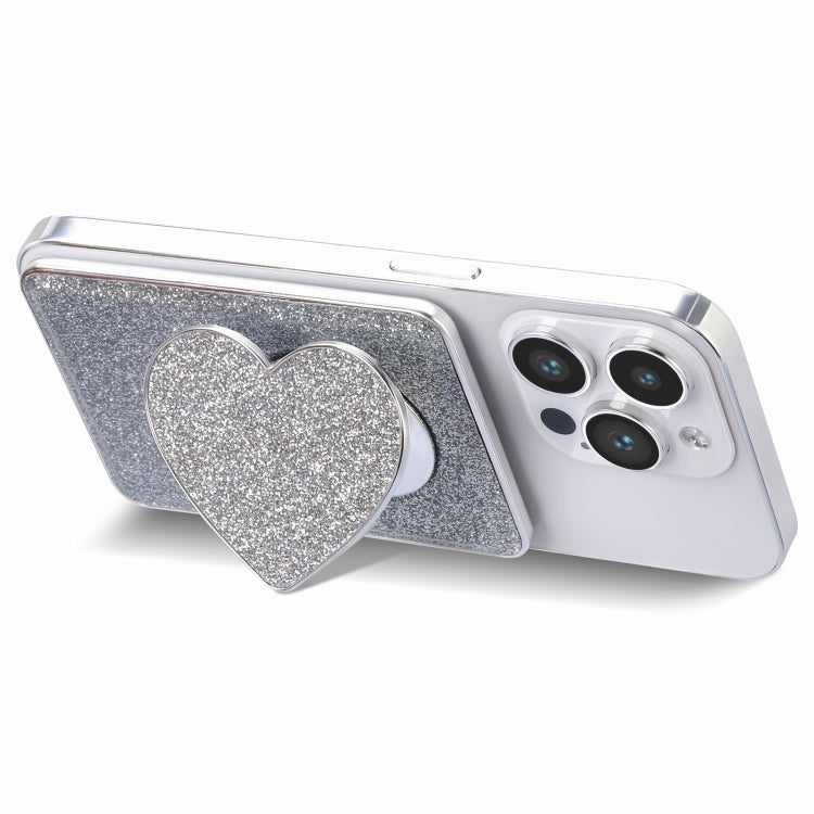 Electroplating Glitter Magsafe Airbag Heart Stand Phone Card in PU leather with multiple card slots and magnetic snap closure.