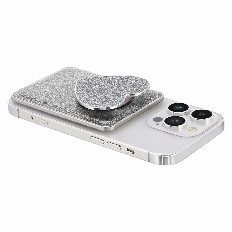 Electroplating Glitter Magsafe Airbag Heart Stand Phone Card in PU leather with multiple card slots and magnetic snap closure.