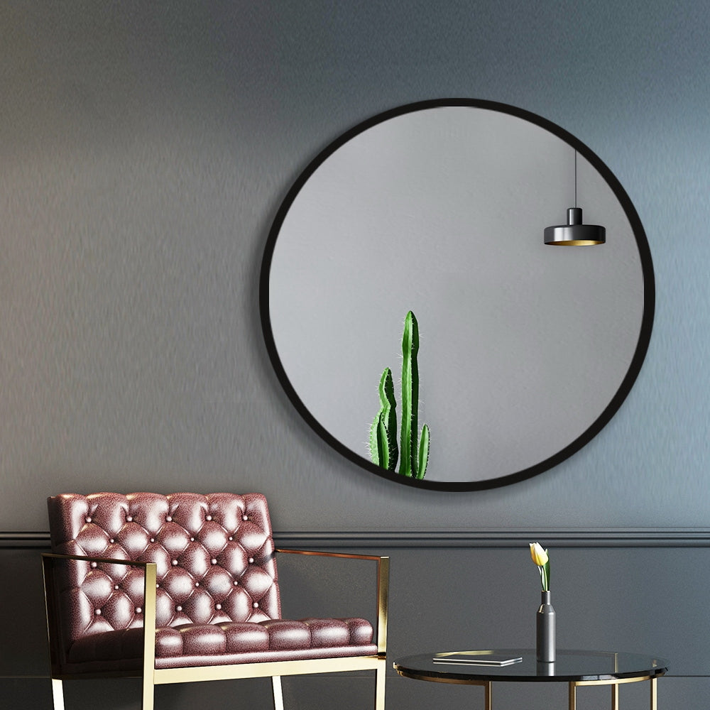 Embellir 80cm round wall mirror with MDF backing, showcasing clear reflection and elegant design, perfect for bathrooms and makeup areas.